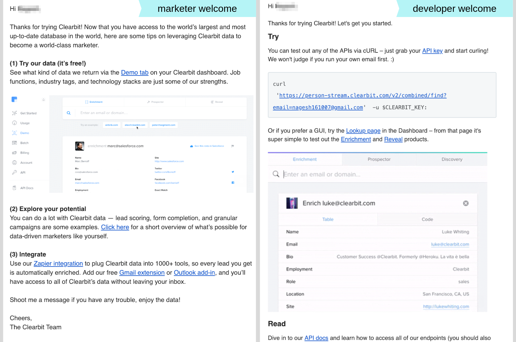 role-based welcome email comparison