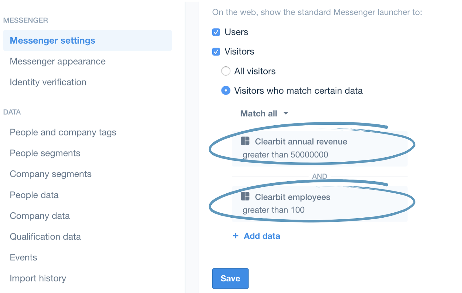 Intercom messenger setting based on Clearbit Reveal data