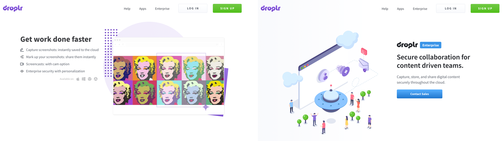 Droplr homepage and enterprise landing page