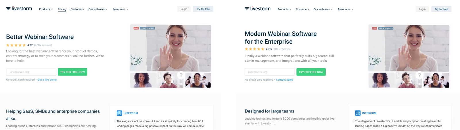 Livestorm's site customized by visitor company size