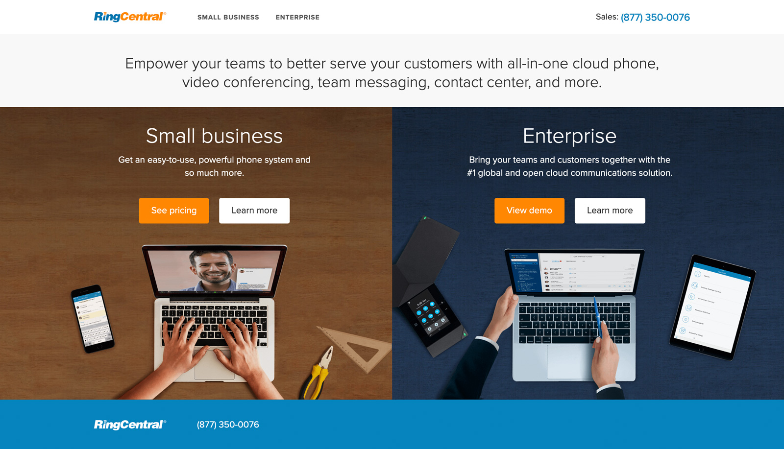 RingCentral's two-product homepage