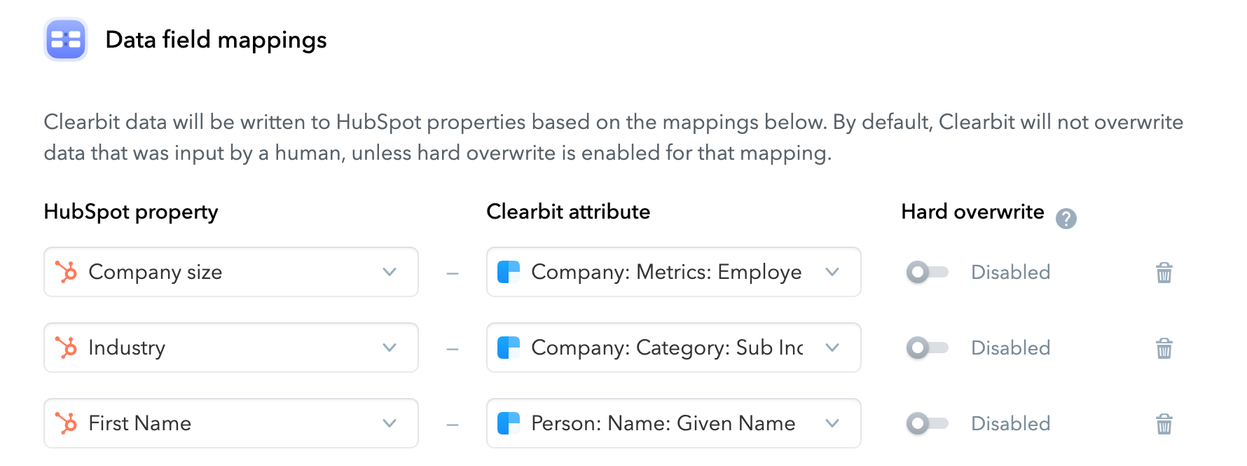 Hubspot Clearbit data field mapping