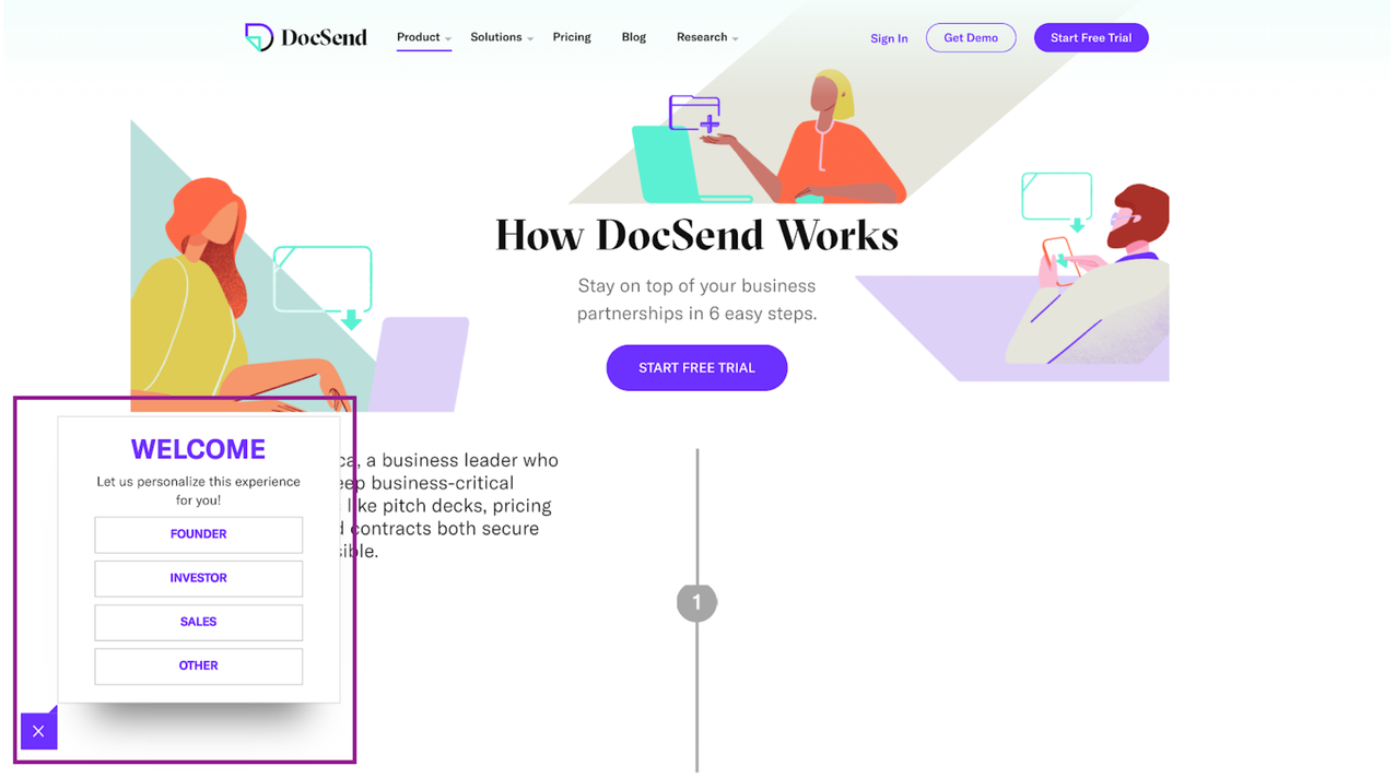 Docsend homepage showing popup to choose your role
