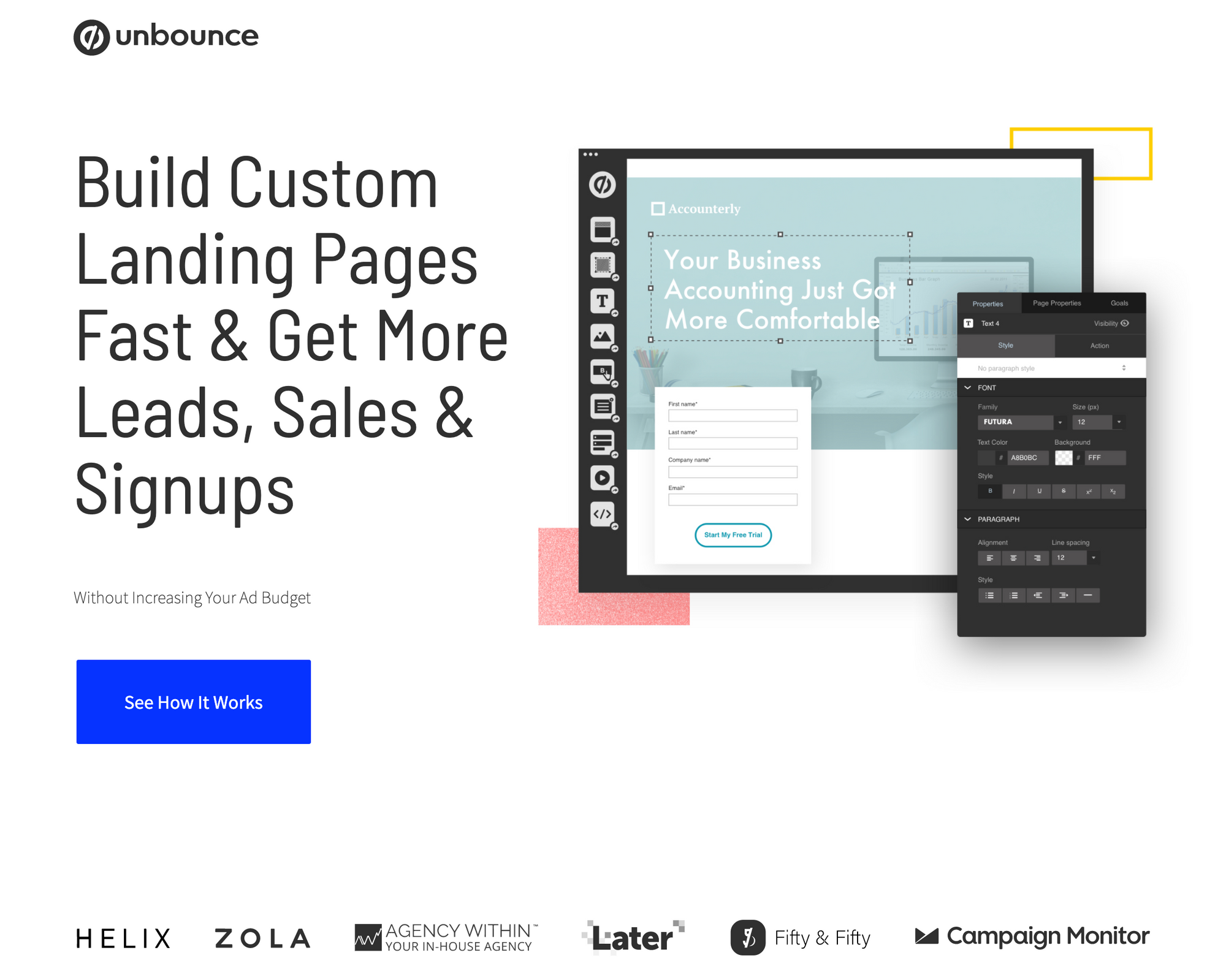 Unbounce landing page with no top navigation