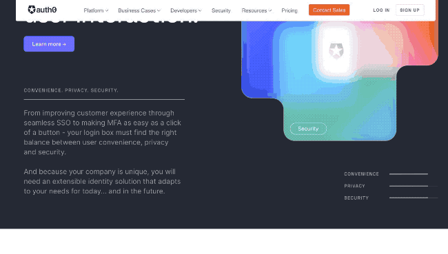 sticky nav with main CTAs on Auth0 homepage