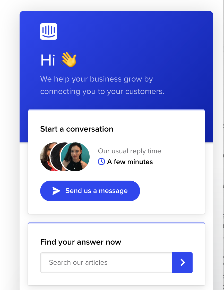 self-serve search option served by Intercom chat