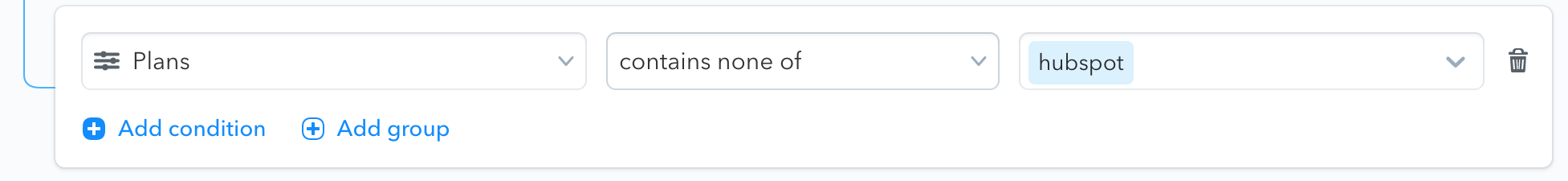 segmentation condition excluding plans that contain hubspot
