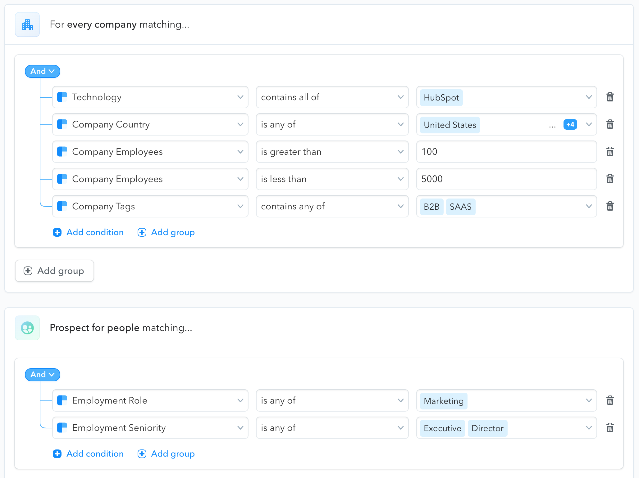audience builder UI with rules to find people at companies according to specific B2B attributes