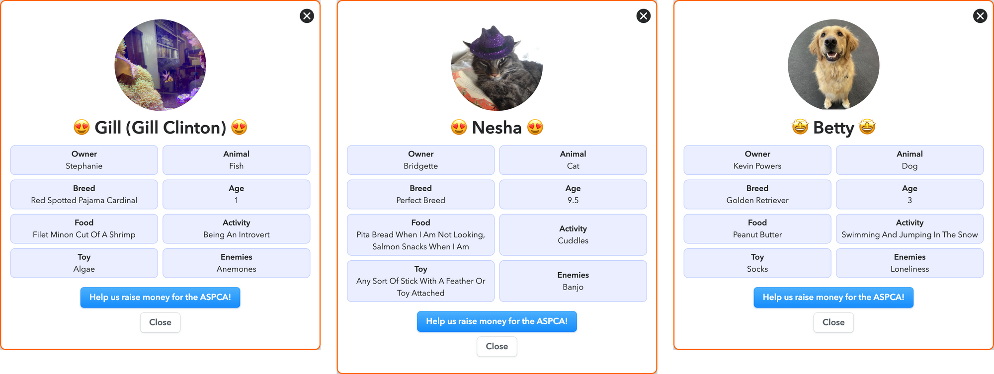 profiles for a fish Gill Clinton, Nesha the cat, Betty the dog